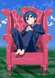 Rule 34 | 00s, 1girl, androgynous, animals, artist request, barefoot, bird, birds, blue hair, brown eyes, chair, feet, kino (kino no tabi), kino no tabi, lizard, looking at viewer, official art, pouch bag, short hair, sitting, solo, toes
