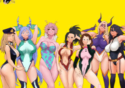 Rule 34 | 1boy, 6+girls, absurdres, adapted costume, armpits, arms behind head, ashido mina, ass, asymmetrical hair, bare shoulders, belt, black eyes, black hair, black legwear, black sclera, blonde hair, blue eyes, blush stickers, boku no hero academia, boots, breasts, brown eyes, brown hair, cameltoe, closed mouth, colored sclera, covered navel, cowboy shot, cuffs, detached sleeves, domino mask, fake horns, from side, fur trim, garter straps, gloves, gluteal fold, hadou nejire, hair horns, hand on head, handcuffs, hat, highleg, highleg leotard, highres, horns, impossible clothes, jnsdh, large breasts, leotard, long hair, looking at viewer, mask, matching hair/eyes, messy hair, midnight (boku no hero academia), mineta minoru, mount lady, multiple girls, navel, one eye closed, ponytail, purple gloves, red eyes, short hair, simple background, sleeveless, smile, thigh boots, thighhighs, uraraka ochako, utsushimi kemii, v, wink, yaoyorozu momo, yellow background, yellow eyes