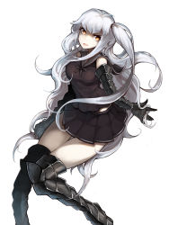 Rule 34 | 10s, 1girl, abyssal ship, adapted costume, aircraft carrier oni, armor, armored boots, boots, breasts, brown eyes, female focus, gauntlets, highres, kantai collection, large breasts, long hair, miniskirt, mukka, one side up, open mouth, pale skin, school uniform, serafuku, side ponytail, skirt, solo, thigh boots, thighhighs, very long hair, white hair