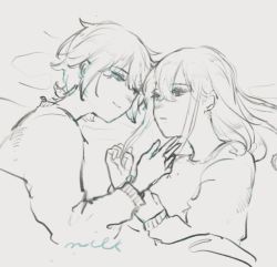 Rule 34 | 1boy, 1girl, bed sheet, blanket, closed mouth, couple, greyscale, hair between eyes, highres, ito (silva), long hair, looking at another, lying, monochrome, on side, original, signature, sketch, smile