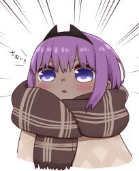 Rule 34 | 1girl, :&lt;, blush, brown scarf, cropped torso, dark-skinned female, dark skin, emphasis lines, fate/prototype, fate/prototype: fragments of blue and silver, fate (series), fringe trim, hair between eyes, hassan of serenity (fate), i.u.y, parted lips, plaid, plaid scarf, purple eyes, purple hair, scarf, sidelocks, solo, translation request, upper body, white background