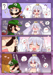 Rule 34 | 1boy, 2girls, 4koma, blue eyes, blue overalls, blush, boo (mario), breasts, brooch, brown hair, cleavage, comic, commentary request, covering face, crown, detached collar, dress, earrings, empty eyes, facial hair, flashlight, frilled dress, frilled gloves, frilled sleeves, frills, ghost, ghost pose, gloves, green hat, green shirt, hair between eyes, hat, heart, hetero, highres, jealous, jewelry, large breasts, long hair, luigi, luigi&#039;s mansion, mario (series), multiple girls, mustache, netorare, new super mario bros. u deluxe, nintendo, open mouth, overalls, poltergust 3000, princess daisy, princess king boo, red eyes, scared, shaded face, sharp teeth, shirt, short hair, silver hair, super crown, suzuki toto, teeth, tongue, tongue out, translated, white dress, white gloves