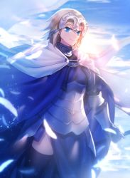 Rule 34 | armor, armored dress, bad id, bad twitter id, black thighhighs, blonde hair, braid, fate/apocrypha, fate/grand order, fate (series), headpiece, highres, jeanne d&#039;arc (fate), jeanne d&#039;arc (ruler) (fate), long braid, long hair, looking at viewer, ramenwanomimono, single braid, smile, solo, thighhighs