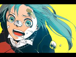 Rule 34 | 1girl, aqua eyes, aqua hair, bad id, bad pixiv id, bandaid, bandaid on face, bandaid on forehead, bruise, female focus, hatsune miku, injury, letterboxed, long hair, open mouth, rolling girl (vocaloid), saliva, school uniform, solo, teeth, twilight snow, twintails, upper body, vocaloid, yellow background