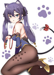 Rule 34 | 1girl, absurdres, animal ear fluff, animal ears, aqua eyes, black collar, black pantyhose, blue leotard, blush, bow, breasts, brown pantyhose, cat ears, cat tail, collar, detached sleeves, earrings, foot out of frame, from side, genshin impact, gold footwear, hair between eyes, hair ribbon, high heels, highres, jewelry, leash, leotard, long hair, looking at viewer, medium breasts, mona (genshin impact), nahanmin, no headwear, open mouth, pantyhose, paw print, paw print background, purple hair, raised eyebrows, ribbon, sitting, solo, sparkle print, star (symbol), star earrings, tail, tail bow, tail ornament, twintails