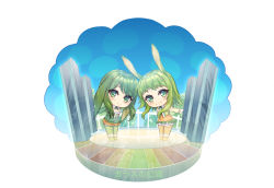 Rule 34 | 2girls, animal ears, arms behind back, blue sky, bobo (6630978), rabbit ears, chibi, chinese commentary, commentary, dual persona, fence, fur-trimmed footwear, fur trim, glasses, green eyes, green footwear, green hair, green jacket, green legwear, gumi, jacket, kemonomimi mode, leaning forward, looking at viewer, multiple girls, orange footwear, orange legwear, orange shirt, orange skirt, shirt, short hair with long locks, sidelocks, skirt, sky, thighhighs, translated, vocaloid, wide shot