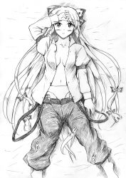 Rule 34 | 1girl, blush, bow, breasts, female focus, fujiwara no mokou, greyscale, hair bow, highres, long hair, lying, medium breasts, monochrome, no bra, on back, open clothes, open shirt, panties, shirt, solo, touhou, traditional media, underwear, vent arbre, very long hair
