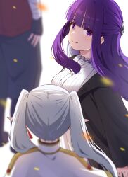 Rule 34 | 1girl, 2girls, black robe, blunt bangs, bright pupils, capelet, closed mouth, commentary request, dress, earrings, elf, fern (sousou no frieren), frieren, grey hair, hair ornament, highres, hyoe (hachiechi), jewelry, looking at viewer, multiple girls, pointy ears, purple eyes, purple hair, robe, smile, sousou no frieren, stark (sousou no frieren), twintails, white capelet, white dress