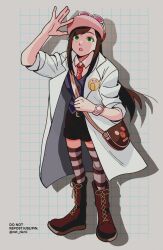 Rule 34 | 1girl, :o, ace attorney, ace attorney investigations, bag, boots, brown bag, brown footwear, brown hair, coat, collared shirt, ema skye, ema skye (aai), eyewear on headwear, full body, green eyes, grid background, hat, highres, lab coat, long hair, looking up, lower teeth only, necktie, open clothes, open coat, open mouth, pink hat, rat nkmi, red necktie, shadow, shirt, shorts, shoulder bag, solo, striped clothes, striped thighhighs, sunglasses, teeth, thighhighs, twitter username, vest, white coat