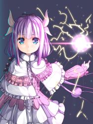 Rule 34 | 10s, 1girl, beads, black bow, black hairband, blouse, blue eyes, blunt bangs, bow, buttons, capelet, center frills, cross-laced clothes, dragon girl, dragon horns, dress, electricity, energy ball, frilled capelet, frills, gothic lolita, gradient hair, hair beads, hair bow, hair ornament, hairband, hand up, horns, kanna kamui, kobayashi-san chi no maidragon, light purple hair, lolita fashion, long hair, long sleeves, looking at viewer, low twintails, microdress, multicolored hair, purple background, purple hair, shirt, simple background, skirt, solo, standing, tail, twintails, upper body, usume shirou