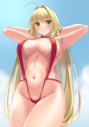 Rule 34 | 1girl, ahoge, armpits, arms behind head, arms up, bare shoulders, blonde hair, blue sky, blush, breasts, cleavage, closed mouth, fate/extra, fate (series), gachou, green eyes, hair down, hair intakes, highres, large breasts, long hair, looking at viewer, navel, nero claudius (fate), nero claudius (fate) (all), nero claudius (fate/extra), official alternate costume, one-piece swimsuit, red one-piece swimsuit, sky, slingshot swimsuit, smile, swimsuit, thighs, wet