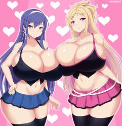 Rule 34 | 2girls, asymmetrical docking, bare shoulders, blonde hair, blue eyes, blue hair, blush, breast press, breasts, cleavage, curvy, hair ornament, hairband, huge breasts, kainkout, long hair, looking at viewer, midriff, multiple girls, navel, purple eyes, skirt, smile, standing, tagme, thick thighs, thighhighs, thighs, tsukikage koharu, valkyrie drive, valkyrie drive -bhikkhuni-, viola (valkyrie drive), wide hips