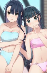 Rule 34 | 2girls, absurdres, akira tooru, black hair, blue tube top, blunt bangs, blurry, blurry background, blush, breasts, brown eyes, cleavage, closed mouth, commentary request, covered erect nipples, green eyes, hair down, highres, large breasts, long hair, looking at viewer, multiple girls, navel, open mouth, original, pink tube top, small breasts, strapless, swimsuit, tube top