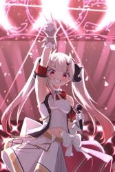 Rule 34 | 1girl, arm up, armband, armpits, blush, bow, bowtie, breasts, commentary, cowboy shot, gloves, gradient hair, grin, hair ribbon, highres, holding, holding microphone, hololive, horns, idol, light rays, long hair, looking at viewer, medium breasts, microphone, midriff, multicolored hair, nakiri ayame, namaonpa, navel, official alternate costume, pink hair, red bow, red eyes, red hair, ribbon, shirt, silver hair, skin-covered horns, skirt, sleeveless, sleeveless shirt, smile, solo, sparkle, streaked hair, twintails, v, virtual youtuber, white bow, white gloves, white shirt, white skirt