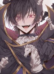 Rule 34 | 1boy, absurdres, black cape, black gloves, cape, chess piece, code geass, gloves, grey background, heterochromia, highres, lelouch vi britannia, looking at viewer, male focus, mino iii, open mouth, pointing, pointing at viewer, purple eyes, purple shirt, red eyes, shirt, smile, solo