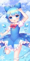 Rule 34 | 1girl, blue bow, blue dress, blue eyes, blue footwear, blue hair, blush, bow, cirno, coa (chroo x), collared shirt, detached wings, dress, fairy, foot out of frame, frilled dress, frills, hair between eyes, hair bow, highres, ice, ice wings, open mouth, shirt, shoes, short hair, short sleeves, smile, socks, solo, touhou, v, white shirt, white socks, wings