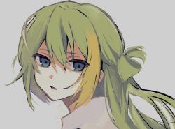 Rule 34 | 1girl, alina gray, aqua eyes, blonde hair, boyano, expressionless, from side, green hair, grey background, hair between eyes, hair rings, highres, long hair, looking at viewer, magia record: mahou shoujo madoka magica gaiden, mahou shoujo madoka magica, multicolored hair, parted lips, portrait, shirt, sidelocks, simple background, solo, streaked hair, white shirt