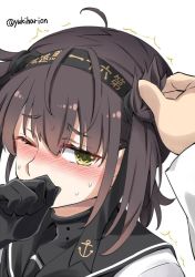 Rule 34 | 1girl, ahoge, anchor, anchor symbol, blush, brown hair, close-up, clothes writing, covering own mouth, covering privates, grabbing, grabbing another&#039;s hair, hachimaki, hair flaps, hatsuzuki (kancolle), headband, kantai collection, nose blush, one-hour drawing challenge, one eye closed, out of frame, sailor collar, school uniform, serafuku, sexually suggestive, short hair, simple background, sweat, twitter username, uncommon stimulation, white background, yellow eyes, yukiharu