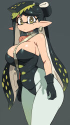 Rule 34 | 1girl, armpit crease, arms at sides, bare shoulders, between breasts, black gloves, black hair, black leotard, breasts, callie (splatoon), choker, closed mouth, cowboy shot, earrings, expressionless, gloves, green hair, grey background, hair ornament, highres, inkling, jewelry, large breasts, leotard, long hair, looking at viewer, mole, mole under eye, multicolored hair, nintendo, official alternate costume, pantyhose, pointy ears, sash, short eyebrows, simple background, solo, splatoon (series), splatoon 3, standing, star-shaped pupils, star (symbol), strapless, strapless leotard, swept bangs, symbol-shaped pupils, tentacle hair, thick eyebrows, two-tone hair, very long hair, white choker, white pantyhose, white sash, yellow eyes, yuta agc