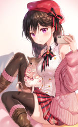 Rule 34 | 1girl, absurdres, animal, bare shoulders, black hair, black thighhighs, blush, boots, braid, breasts, cardigan, cat, cellphone, collared shirt, earrings, emblem, feet out of frame, gradient background, hair between eyes, hand up, hat, highres, holding, holding animal, holding cat, holding phone, jewelry, long hair, long sleeves, looking at viewer, medium breasts, mole, mole under eye, neck ribbon, original, phone, pink cardigan, plaid, plaid skirt, pleated skirt, purple eyes, red hat, ribbon, selfie, shirt, sidelocks, simple background, sitting, skindentation, skirt, sleeveless, smile, solo, taking picture, thighhighs, tokkyu, unworn cardigan, vest, white shirt, zettai ryouiki