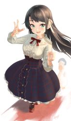 Rule 34 | 1girl, :d, absurdres, aqua eyes, black hair, black pantyhose, blouse, buttons, center frills, commentary, english commentary, eufrik, frilled shirt, frills, full body, hair ribbon, hands up, high-waist skirt, highres, hololive, long hair, long sleeves, looking at viewer, official alternate costume, oozora subaru, oozora subaru (casual), open mouth, pantyhose, red footwear, ribbon, shirt, shoes, simple background, skirt, smile, solo, subaru duck, virtual youtuber, w, white background, white hair, white shirt