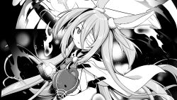 Rule 34 | 1girl, animal ears, black background, carrying, game cg, gloves, glowing, greyscale, hair between eyes, highres, holding, little witch nobeta, long hair, monica (little witch nobeta), monochrome, non-web source, official art, one eye covered, parted lips, rabbit ears, rabbit girl, solo, straight hair, very long hair