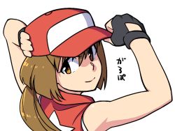 Rule 34 | 1girl, adjusting clothes, adjusting headwear, black gloves, blonde hair, bomber jacket, brown eyes, brown hair, commentary request, cosplay, fatal fury, fingerless gloves, gloves, hagiwara yukiho, hat, idolmaster, idolmaster (classic), jacket, looking back, ponytail, sat (yukipoha), simple background, smile, snk, solo, terry bogard, terry bogard (cosplay), the king of fighters, translation request, white background
