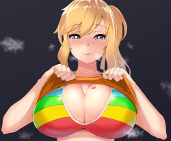 Rule 34 | 1girl, bad id, bad pixiv id, bare arms, bikini, bikini under clothes, black background, blonde hair, blue eyes, blush, breasts, bright pupils, cleavage, closed mouth, collarbone, half-closed eyes, heart, idolmaster, idolmaster cinderella girls, large breasts, long hair, looking at viewer, multicolored bikini, multicolored clothes, nose blush, ohtsuki yui, ponytail, seductive smile, sidelocks, signum (nanohanano77), simple background, sleeveless, smile, solo, sparkle, steaming body, sweat, swept bangs, swimsuit, upper body