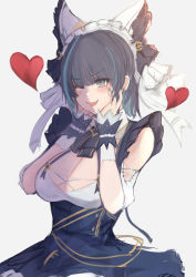 Rule 34 | 1girl, absurdres, animal ears, aqua hair, azur lane, breasts, cat ears, cero421, cheshire (azur lane), cleavage, dress, ear piercing, fake animal ears, fang, frilled hairband, frills, grey background, hairband, heart, highres, large breasts, medium hair, multicolored hair, one eye closed, open mouth, piercing, puffy short sleeves, puffy sleeves, purple dress, purple hair, short sleeves, simple background, streaked hair, wrist cuffs
