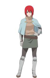Rule 34 | 1girl, blue eyes, blue jacket, boots, brown shirt, closed mouth, green skirt, jacket, long hair, looking at viewer, re:monster, red hair, rubellia walline, serious, shirt, skirt, solo, transparent background