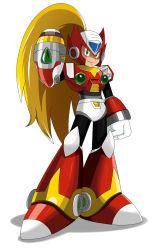 Rule 34 | 1boy, absurdres, android, arm cannon, arm up, armor, blonde hair, bodysuit, boots, capcom, eric lowery, forehead jewel, full body, gloves, helmet, highres, long hair, male focus, mega man (series), mega man x (series), robot ears, shadow, simple background, solo, standing, very long hair, weapon, white background, zero (mega man)