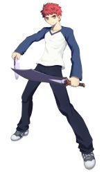Rule 34 | 1boy, dh ead, emiya shirou, fate/stay night, fate (series), highres, holding, holding sword, holding weapon, kanshou &amp; bakuya (fate), male focus, raglan sleeves, red hair, solo, sword, transparent background, weapon, yellow eyes