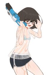 Rule 34 | 1girl, bad id, bad twitter id, black-framed eyewear, black shorts, bra, dolphin shorts, glasses, highres, holding, holding water gun, navel, one eye closed, open mouth, original, rountain, see-through, see-through shirt, shorts, simple background, solo, tsugubumi-chan (rountain), underwear, water gun, wet, white background