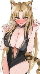 Rule 34 | 1girl, absurdres, animal ears, arknights, blonde hair, blush, breasts, cleavage, green eyes, heavy breathing, highres, jewelry, large breasts, long hair, looking at viewer, necklace, official alternate costume, one-piece swimsuit, smile, solo, sunaneko, sweat, swimsuit, swire (arknights), tail, thighs