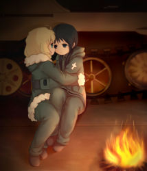 Rule 34 | 2girls, absurdres, ahoge, black eyes, black footwear, black gloves, black hair, blonde hair, blue eyes, blush, boots, campfire, caterpillar tracks, chito (shoujo shuumatsu ryokou), closed mouth, coat, commentary request, cuddling, eye contact, fire, fur-trimmed coat, fur trim, gloves, green coat, green pants, hair tie, highres, hug, jacket, kettenkrad, long hair, long sleeves, looking at another, low twintails, military, military jacket, military uniform, multiple girls, no headwear, pants, shoujo shuumatsu ryokou, twintails, uniform, winter clothes, yuri, yuuri (shoujo shuumatsu ryokou)