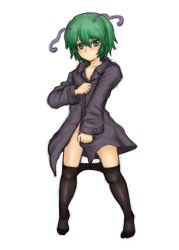 Rule 34 | 1girl, antennae, black pantyhose, bottomless, clothes pull, coat, covering privates, female focus, green eyes, green hair, kuro suto sukii, matching hair/eyes, naked coat, pantyhose, pantyhose pull, short hair, simple background, solo, standing, touhou, white background, wriggle nightbug