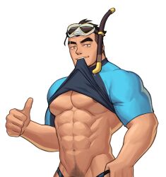 Rule 34 | 1boy, abs, absurdres, bara, bare pectorals, black hair, clothes lift, eyebrow cut, helbai, highres, large pectorals, male focus, muscular, muscular male, navel, nipples, original, pectorals, shirt, shirt lift, short hair, simple background, solo, thick eyebrows, thumbs up, upper body, white background