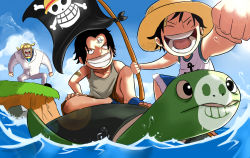 Rule 34 | 3boys, age difference, black hair, brothers, family, flag, hat, holding, holding flag, jolly roger, male focus, monkey d. garp, monkey d. luffy, multiple boys, mushimushi, necktie, ocean, one piece, open mouth, pirate, portgas d. ace, scar, siblings, smile, straw hat, teeth, turtle, water