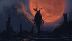 Rule 34 | antlers, bell, blood, bloodborne, bloody weapon, brador, cloud, cloudy sky, commentary, copyright name, facing viewer, full moon, fur-trimmed hood, fur trim, holding, holding bell, holding weapon, hood, horns, mace, moon, night, outdoors, pants, scenery, silhouette, sky, solo, standing, tree stump, tripdancer, weapon, wings