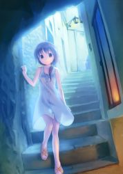 Rule 34 | 1girl, absurdres, bare legs, bare shoulders, blush, brown eyes, brown hair, dress, highres, long hair, looking at viewer, low ponytail, original, ponytail, sandals, scan, see-through, see-through silhouette, smile, solo, stairs, takoyaki (roast), thigh gap, white dress