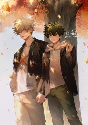 Rule 34 | 2boys, artist name, bakugou katsuki, black jacket, blonde hair, boku no hero academia, brown pants, closed mouth, commentary, dappled sunlight, day, drawstring, english commentary, eyelashes, freckles, frown, green eyes, green hair, grey pants, hair between eyes, hand up, highres, holding hands, hood, hood down, hoodie, interlocked fingers, jacket, long sleeves, looking at viewer, male focus, midoriya izuku, multiple boys, open clothes, open jacket, outdoors, pants, parted lips, raineemeow, red eyes, shirt, short hair, spiked hair, standing, sunlight, tree, watermark, white hoodie, white shirt, yaoi