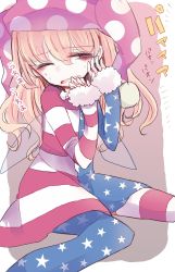 Rule 34 | 1girl, american flag, american flag dress, american flag legwear, american flag shirt, blonde hair, clownpiece, commentary request, d;, dress, fairy, fairy wings, frilled shirt collar, frills, hat, highres, jester cap, leggings, long hair, long sleeves, nagi (nagito), neck ruff, one eye closed, open mouth, pantyhose, pink eyes, polka dot, print legwear, print pantyhose, solo, star (symbol), star print, striped clothes, striped pantyhose, touhou, translation request, very long hair, wings
