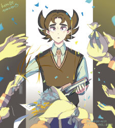Rule 34 | 1boy, 5others, black eyes, book, bouquet, bright pupils, brown hair, brown vest, collared shirt, commentary request, confetti, creatures (company), dated, eyeshadow, flower, game freak, giacomo (pokemon), hetatomato (nkgk7753), highres, holding, holding book, indoors, makeup, male focus, multiple others, necktie, nintendo, parted lips, pointy hair, pokemon, pokemon sv, pouch, shirt, signature, surprised, sweater vest, vest, walk-in, white pupils