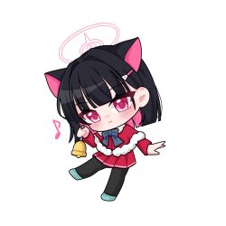 Rule 34 | 1girl, animal ears, bell, black hair, black pantyhose, blue archive, blush, capelet, cat ears, closed mouth, colored inner hair, eighth note, extra ears, full body, green footwear, hair ornament, hairclip, highres, holding, holding bell, kazusa (blue archive), long sleeves, multicolored hair, musical note, pantyhose, pink hair, pleated skirt, red capelet, red eyes, red skirt, shoes, short hair, skirt, solo, yum draw