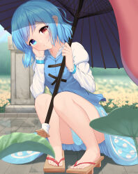 Rule 34 | 1girl, absurdres, barefoot, blue eyes, blue hair, blue skirt, blue vest, blurry, blush, closed mouth, commentary, commission, day, depth of field, eyelashes, feet, flower, frilled sleeves, frills, full body, geta, hand on own cheek, hand on own face, hands up, head rest, head tilt, heterochromia, highres, holding, holding umbrella, knees together feet apart, leaf, legs, long sleeves, looking at viewer, medium hair, nearoul kishi, oil-paper umbrella, outdoors, pixiv commission, red eyes, road, sandals, shirt, skirt, smile, solo, split mouth, squatting, tatara kogasa, toenails, toes, touhou, umbrella, under umbrella, vest, white shirt, yellow flower