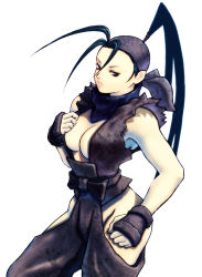 Rule 34 | 1girl, artist request, bare hips, black gloves, breasts, cleavage, gloves, hair slicked back, highres, hip vent, ibuki (street fighter), large breasts, ninja, ponytail, simple background, solo, street fighter, street fighter iii (series)