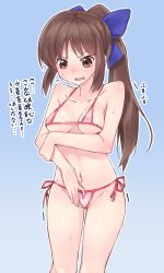 Rule 34 | 1girl, angry, arm grab, bad id, bad pixiv id, bikini, blue background, blue bow, blush, bow, breast hold, breasts, brown eyes, brown hair, commentary, covered erect nipples, covering breasts, covering privates, cowboy shot, embarrassed, gradient background, groin, hair bow, heart bikini, highres, long hair, medium breasts, micro bikini, nanpo kazue, navel, panties, parted lips, pink bikini, ponytail, saki (manga), side-tie panties, solo, standing, sweat, swimsuit, tearing up, tears, translated, trembling, underwear, wavy mouth, yoi naosuke