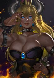 Rule 34 | 1girl, armlet, black collar, black dress, black nails, blonde hair, blue eyes, borrowed design, bowsette, bracelet, breasts, collar, commentary, crown, dress, earrings, english commentary, facing viewer, fingernails, fire, gender request, genderswap, hair between eyes, hand on own hip, hand up, highres, horns, jewelry, large breasts, mario (series), muscular, nail polish, new super mario bros. u deluxe, nintendo, parted lips, pointy ears, sharp fingernails, soffa, solo, spiked armlet, spiked bracelet, spiked collar, spiked shell, spikes, strapless, strapless dress, super crown, transformation, turtle shell