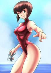 Rule 34 | 1girl, alternate breast size, artist request, bare legs, blue sky, breasts, brown eyes, brown hair, brown one-piece swimsuit, casual one-piece swimsuit, curvy, grin, highleg, highleg swimsuit, highres, large breasts, looking at viewer, ocean, one-piece swimsuit, one eye closed, ranma 1/2, short hair, signature, sky, smile, solo, swimsuit, tendou nabiki, wink