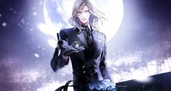 Rule 34 | 1boy, absurdres, beckoning, black gloves, black jacket, black necktie, black shirt, blue eyes, blue gemstone, buttons, camus (uta no prince-sama), collared shirt, crescent, crescent earrings, double-breasted, earrings, full moon, gem, gloves, grey hair, highres, jacket, jewelry, lapel pin, lapels, lips, looking at viewer, luonnem, male focus, medium hair, moon, necktie, night, notched lapels, official alternate costume, parted bangs, shirt, single earring, sky, smile, solo, star (sky), starry sky, starry sky print, twitter username, upper body, uta no prince-sama, uta no prince-sama: shining live